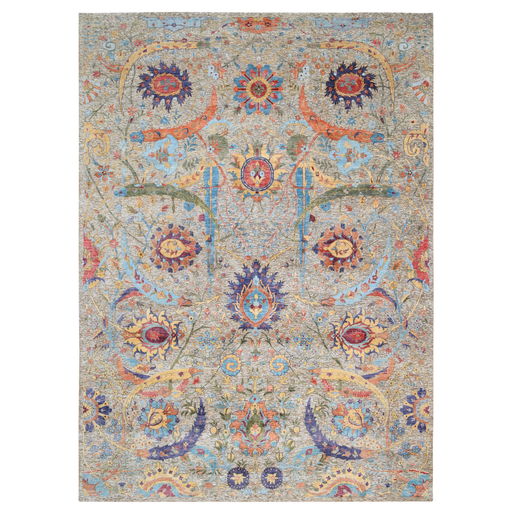 9'1"x12'4" Ivory and Brown, Hand Knotted, Colorful Sickle Leaf Design, Silk with Textured Wool, Oriental Rug 
